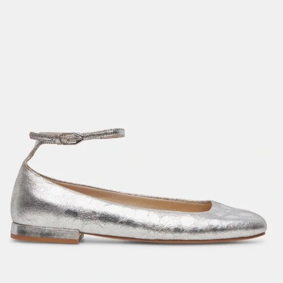 NEW DOLCE VITA Leather Ashya Ankle Strap Flats in silver for women 825 3j2 - Picture 4 of 11